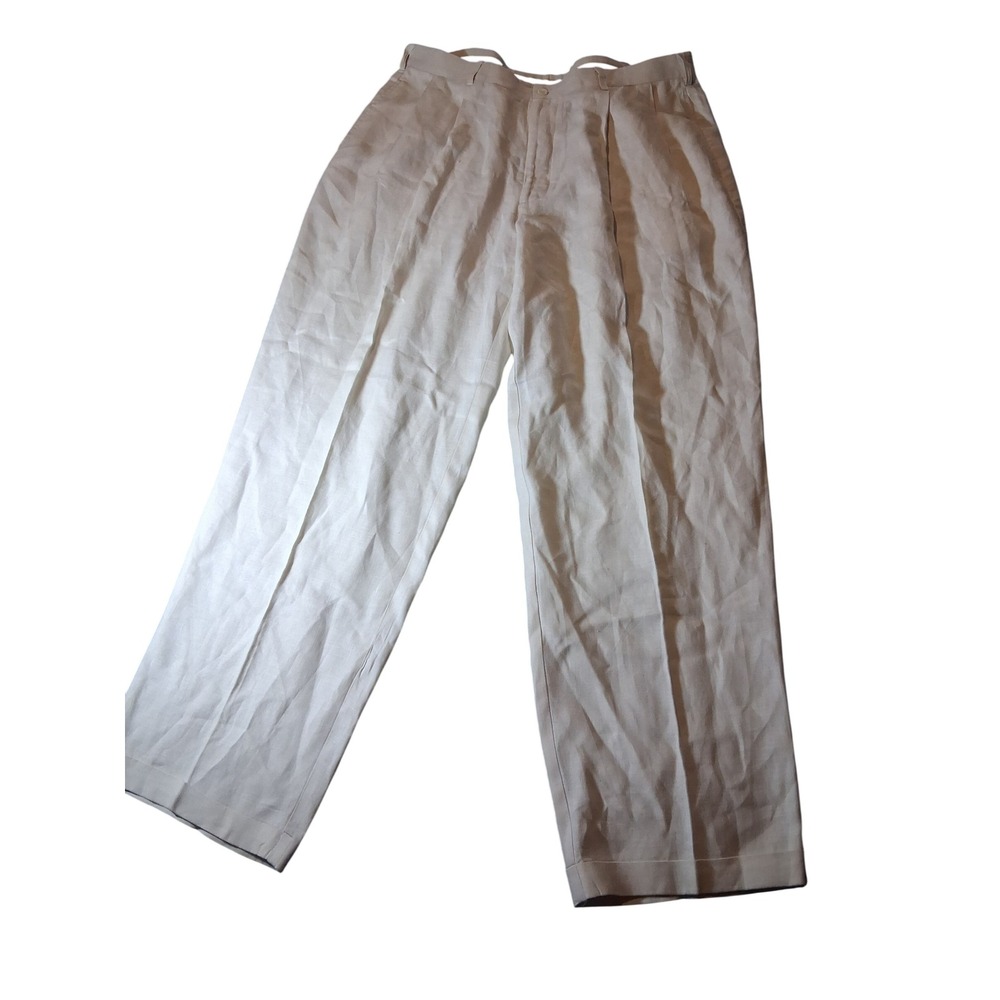 Alan Flusser Mens 38x32 White 100% Linen Pleated Straight Leg Dress Pants